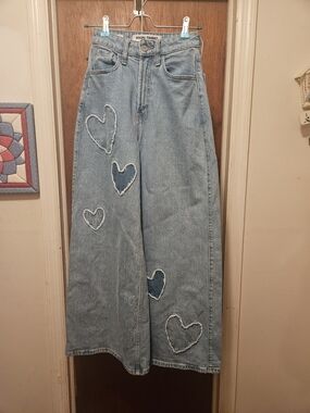 Social Tourist Light Blue Wide-Leg Jeans with Heart Appliqués